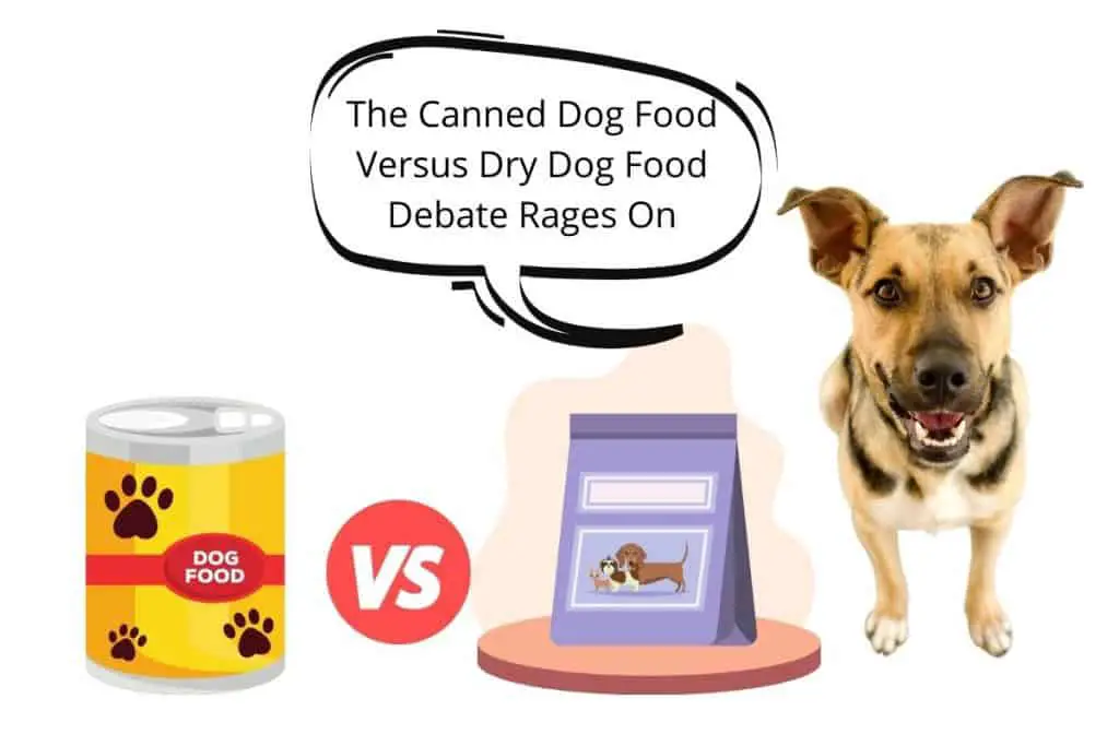 Speach bubble "The Canned Dog Food Versus Dry Dog Food Debate Rages On"Canned Dog food VS Kibble